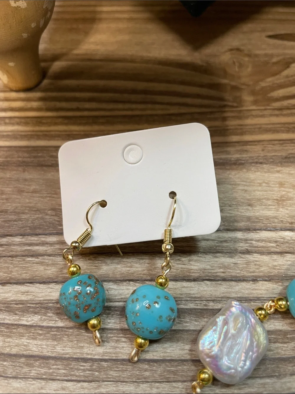 Turquoise Glass Beaded Necklace Earring Set Gold Speckled Baroque Pearl Real
